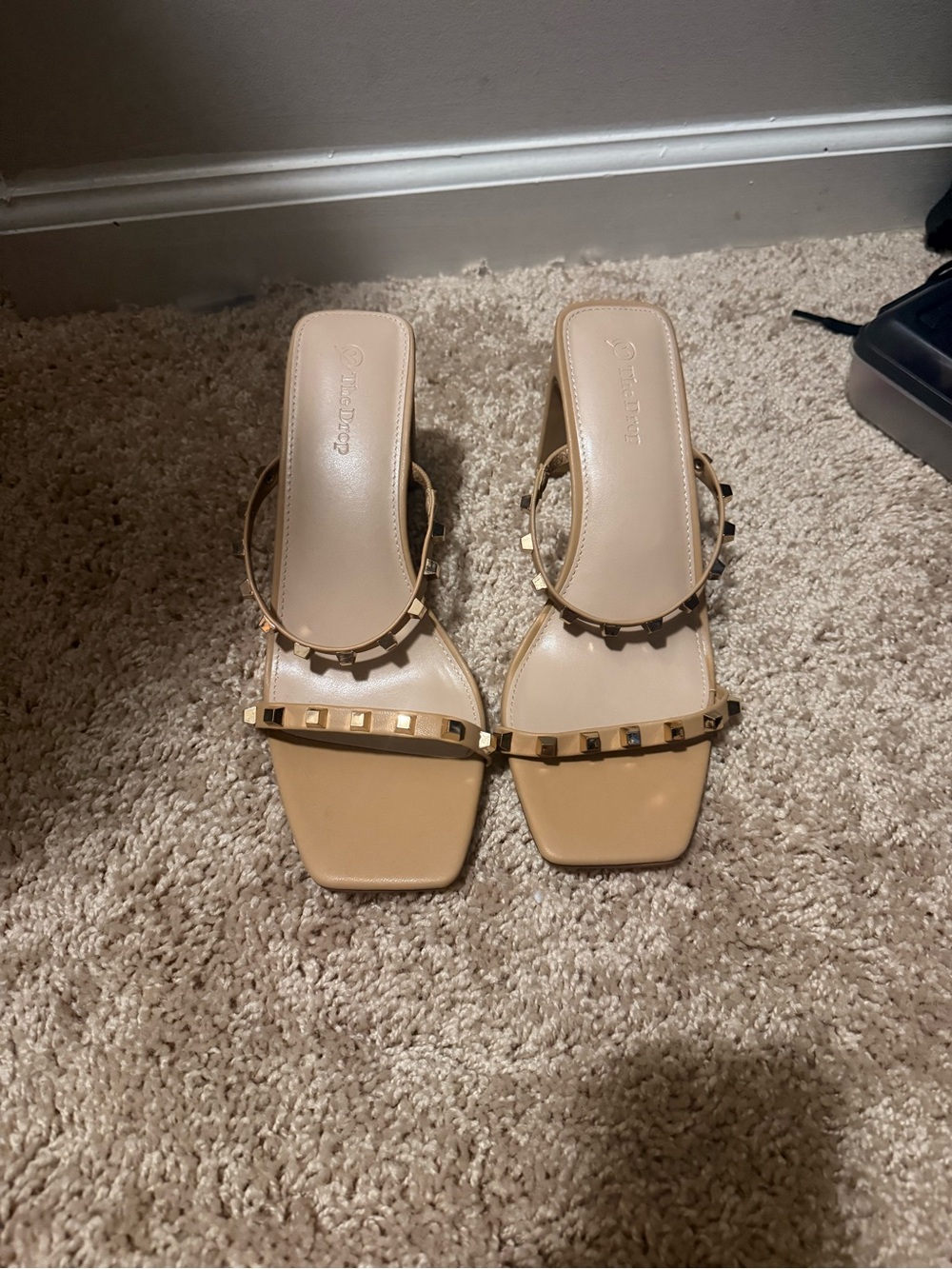 Beige Studded Square-Toe Slide Heels - Women